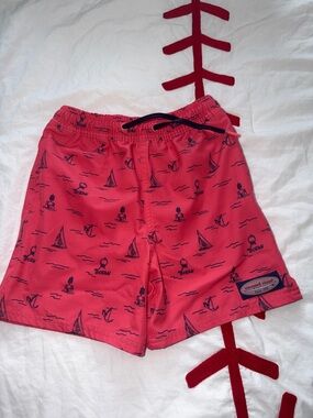 Vineyard Vines Kids Red Swim Trunks with Navy Nautical Print